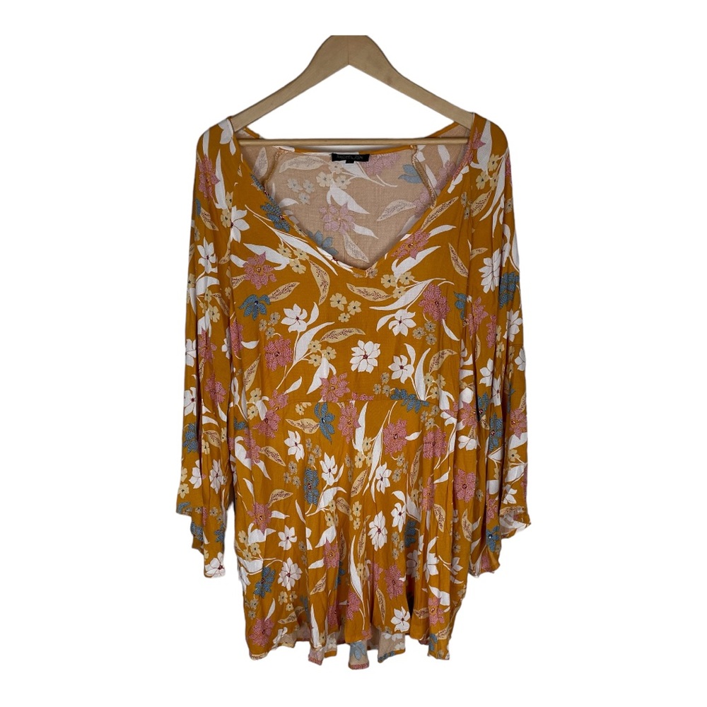 Rachel Zoe Yellow Mustard Gold Floral Top Bell Sleeves Size 3X